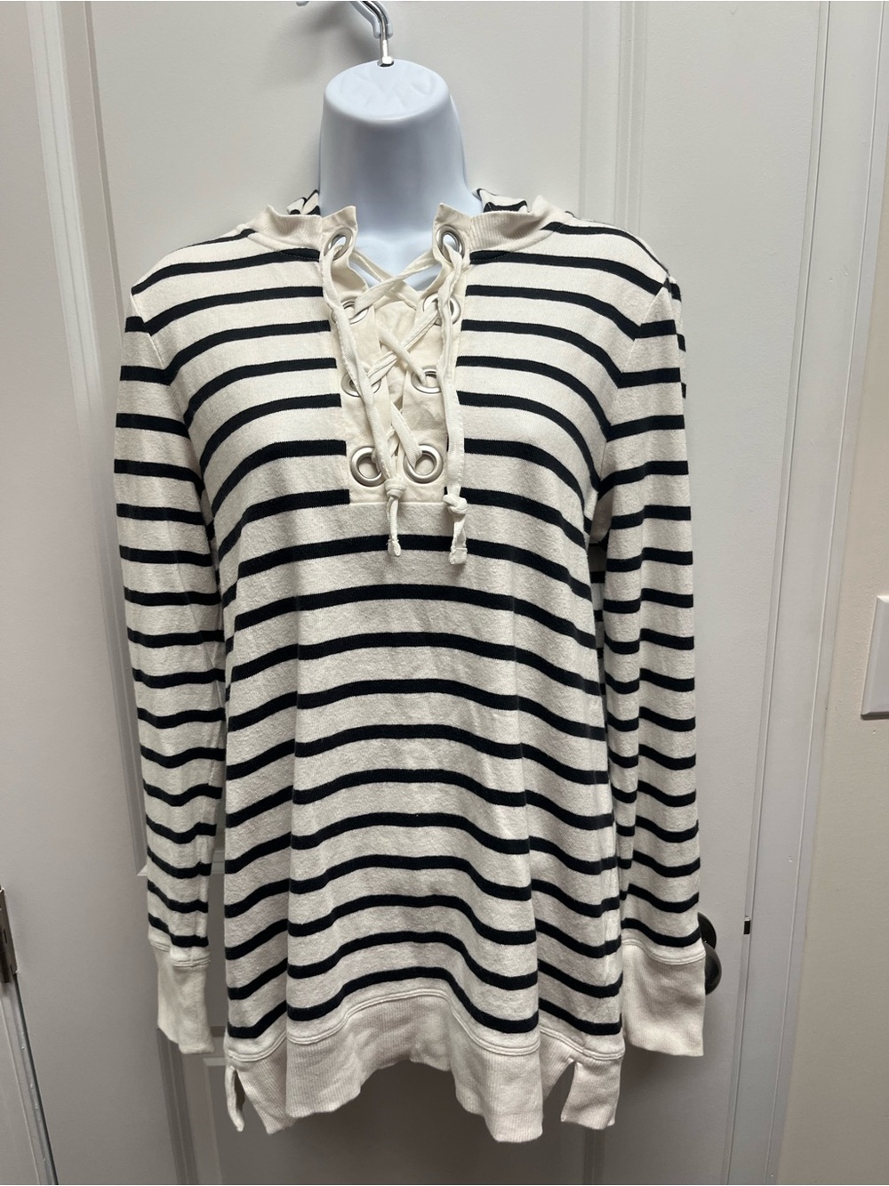Lands’ End Striped Lace-Up Hooded Tunic Sweatshirt Top M 10-12